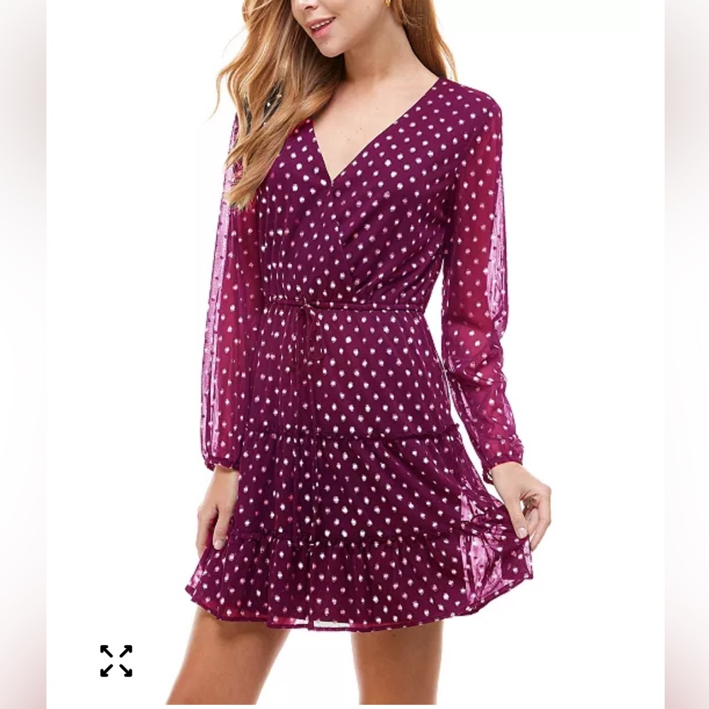 City Studio Purple Metallic Gold Polka Dot V Neck Ruffle Hem Mini Dress Sz XL
